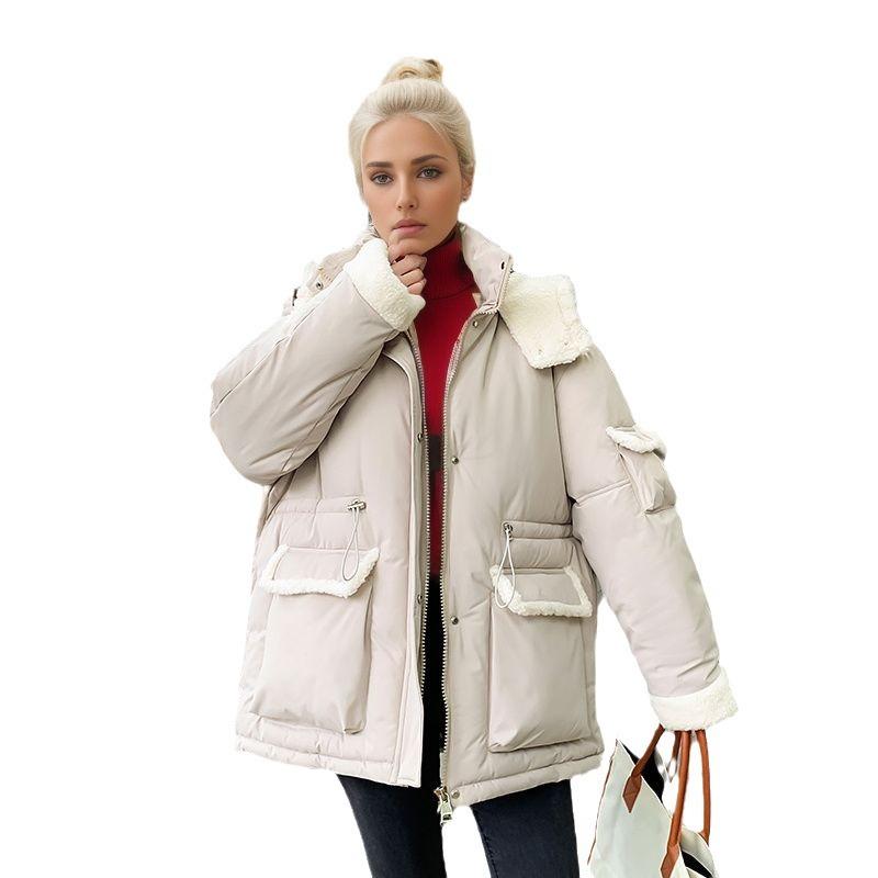 Dámská bavlněná bunda z jehněčí vlny 2024 Zimní kontrastní s kapucí Ležérní parky Kabáty 2 kapsy Zesílená teplá bunda Dámské oblečení