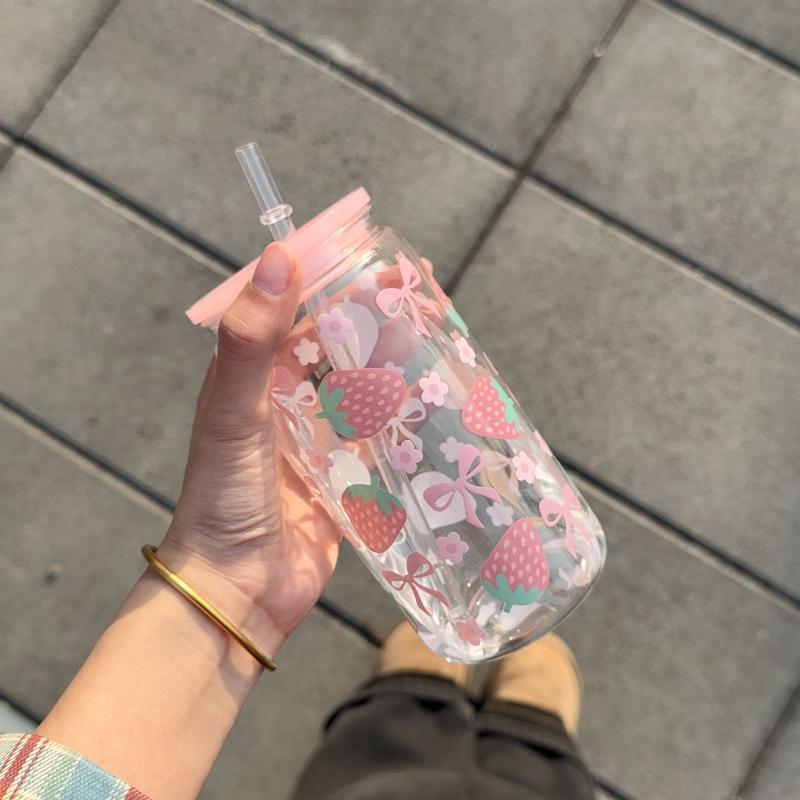 Sklenice s mašlí Roztomilý hrnek na vodu Kreslený hrnek se sklenicí s mašlí Pruhovaný Roztomilý Doodle Kávový hrnek Domácí Ovocný čaj Limonáda Dívčí dárek