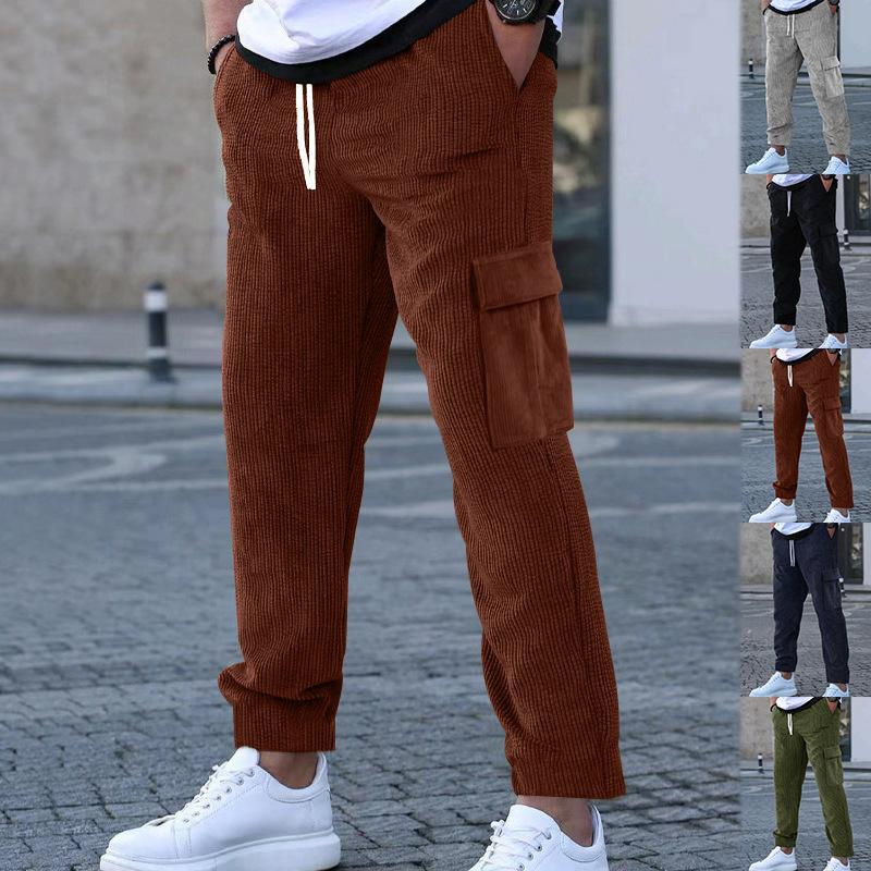 Men's Corduroy Trousers Solid Color Sweatpants Loose Straight Multi-pocket Men's Thin Casual Pants Autumn and Winter
