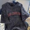Vintage Gewassen Los Angeles Boog Letter Grafisch T-shirt, Retro USA Stad Casual Gewassen Zwart Ronde Hals Korte Mouw Unisex Top