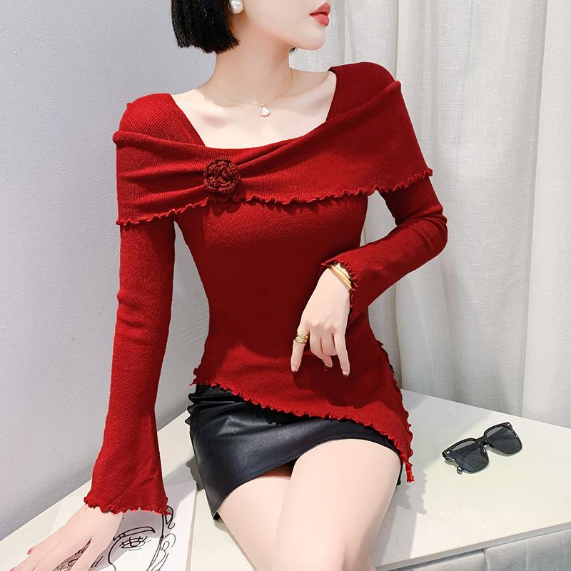 

Сексуальный свитер с квадратным вырезом для женщин Весенний новый нерегулярный вязаный базовый топ для женщин Нижнее белье с длинными рукавами XL красный