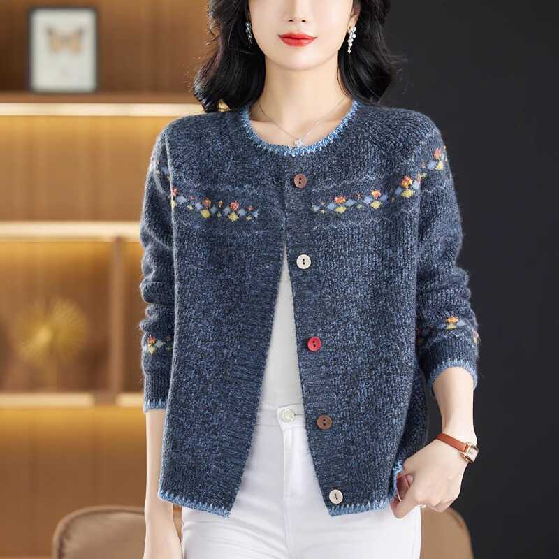 Sweater Coat Ladies Retro Jacquard Knitwear Cardigan Jacket Early Spring Autumn Western-Style Outerwear Loose Women Top