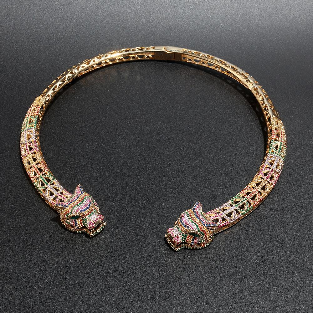 European and American Exaggerated Color Zircon Leopard Head Necklace Earrings Set Luxury Retro Court Style Full of Diamond Jewelry Accessories