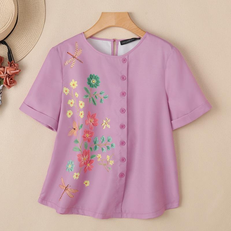 ZANZEA Women Casual Floral Print Round Neck Short Sleeve Blouse