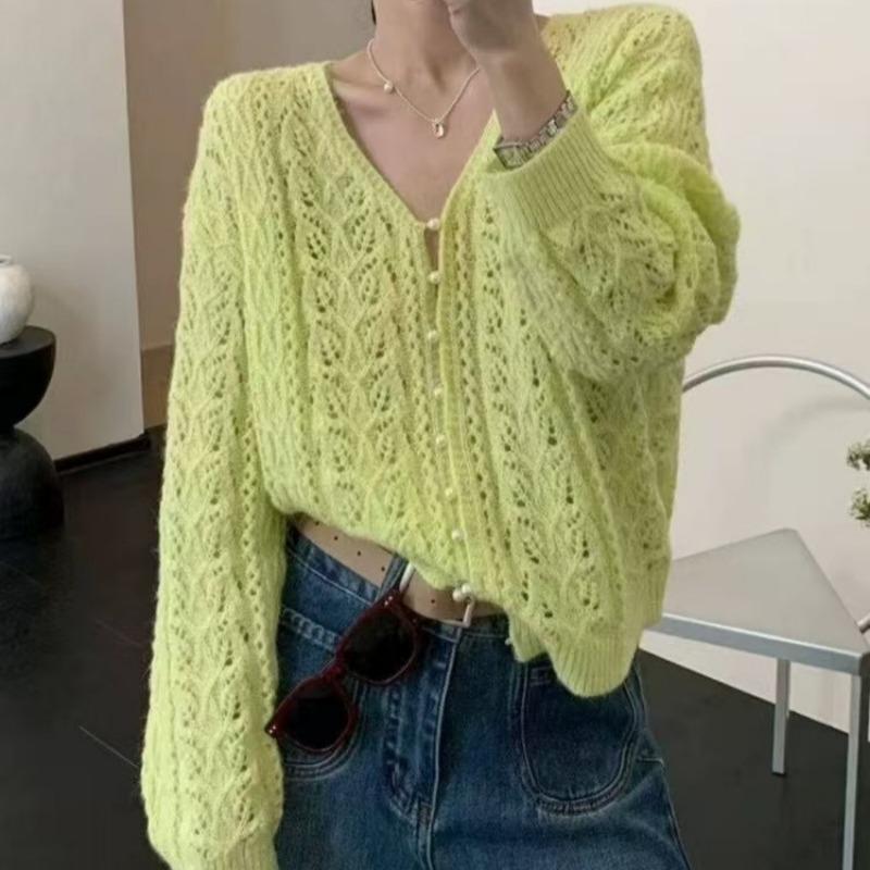 

Женский трикотажный кардиган с V-образным вырезом и ажурным узором, новый модный топ с длинными рукавами, свободного кроя, для весны и лета, рубашка от солнца one size fits all зелёный