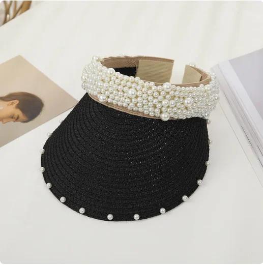 

2025 Grass woven pearl hollow top summer Korean version outdoor sunshade hat for cycling, Lafite straw hat sunscreen 56-58CM