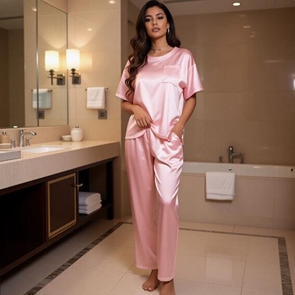 Eis Seide Damen Sommer Pyjama - Kurzarm, Lange Hose, Lockeres Freizeit Set