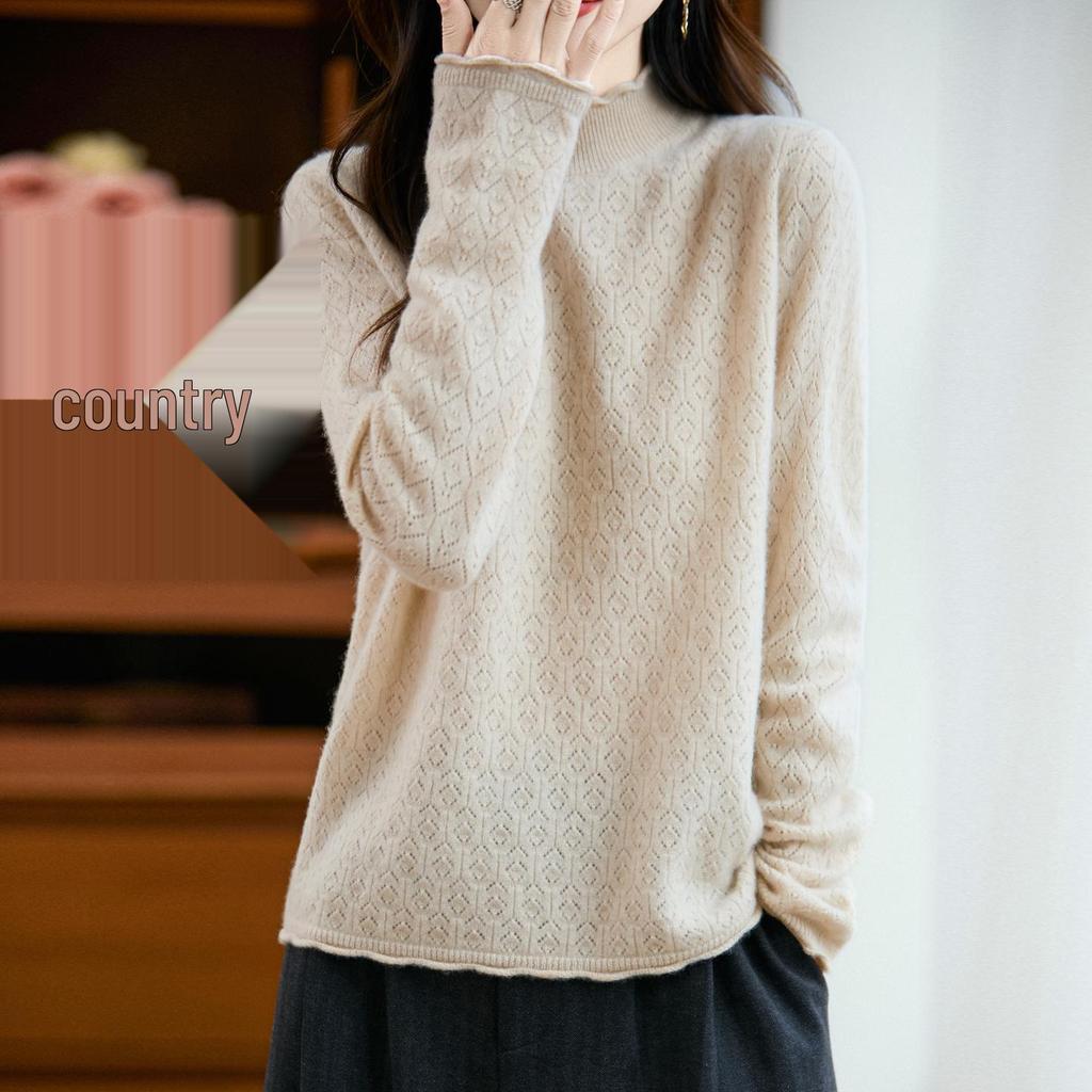 Women's Wool Knit Sweater with Ruffled Collar - Fern Tail Design, Slimming Loose Fit, Soft Half-High Collar