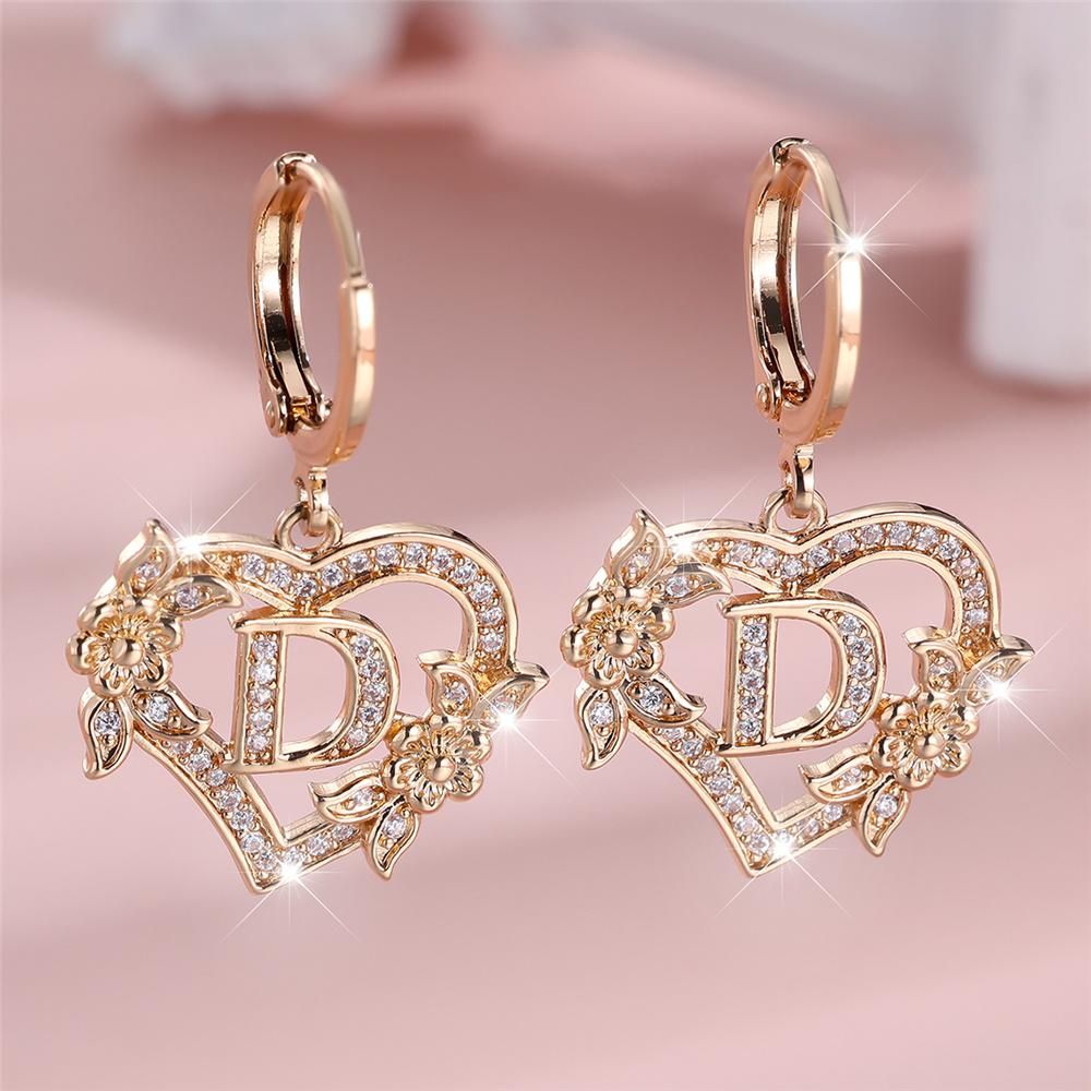 Vintage Hollow Love Heart Flower A-Z 26 Letters Hoop Earrings Yellow Gold Color White Zircon Earring Wedding Jewelry For Women