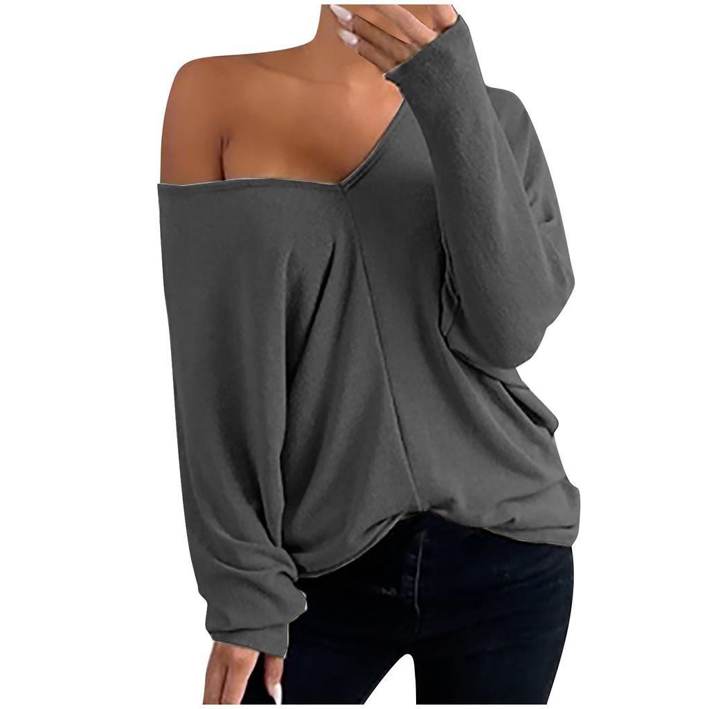 Women Fashion Casual Solid V-Neck Loose Long Sleeve T-shirt Top Blouse Pullover
