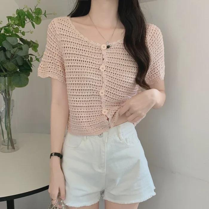 Women's Hollow Knit Cardigan - Short Sleeve, Mesh, Shawl Top, 2023 Spring/Summer Sunscreen Style