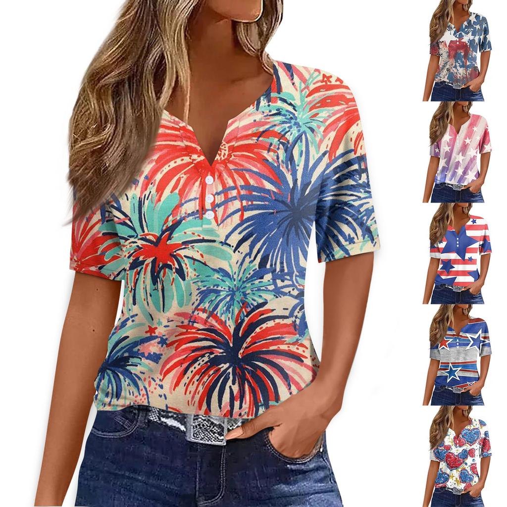 Dámské tričko Tričko Potisk knoflíku Krátký rukáv Denní víkend Móda Basic Top s výstřihem do V