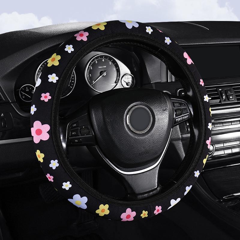 2023 New Style Breathable Fabric Steering Wheel Cover with Flower Pattern and Elastic Band Shoulder Cover