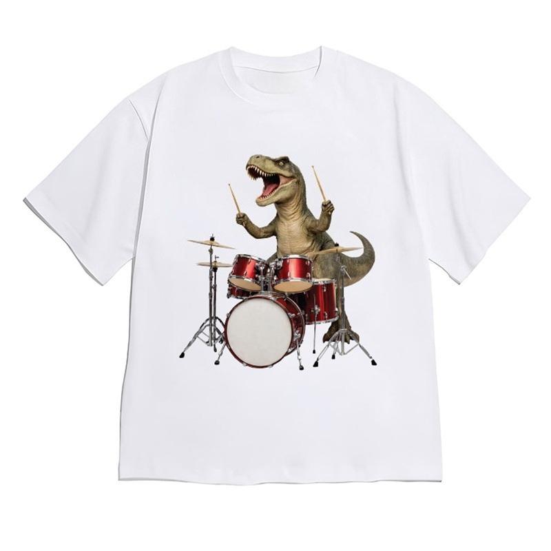 Unisex Vintage Rock T Shirt Cool TRex Dinosaur Playing Electric Guitar Graphic Oversized Cotton Tees Punk Harajuku Casual Tops