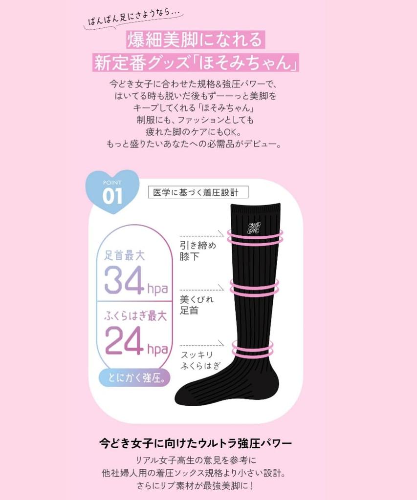 WEGO Compression Antibacterial and School Sizes Black Women's Hosomi-chan Socks, Odor-Resistant, Logo, Girly, 23-25cm,