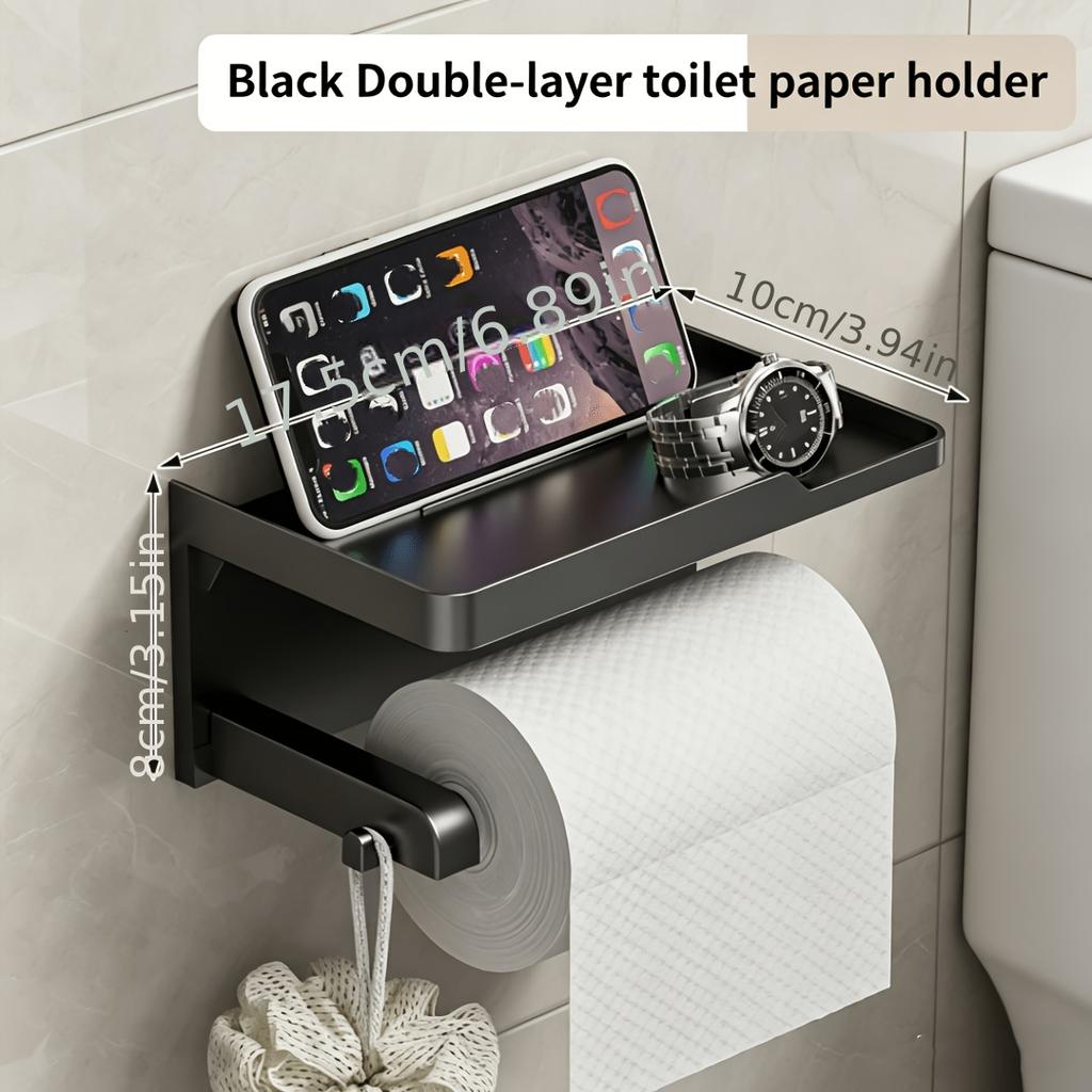 No Drill Self Adhesive 2 Tier Toilet Paper Holder with Hooks Rustproof Bathroom Storage Rack for Home and Mall Restrooms