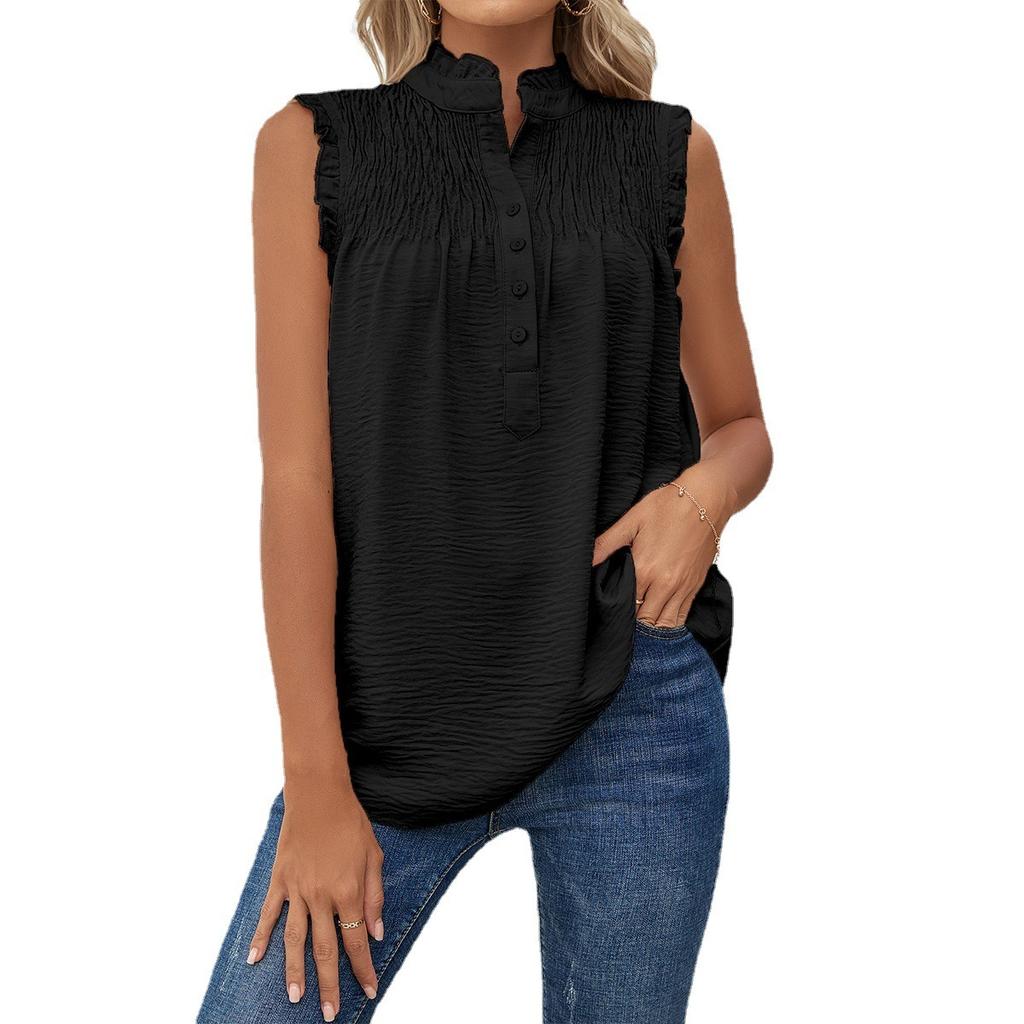 Women's Casual Loose Sleeveless High Neck Button Ruffle Tank Top, Plain Solid Color Versatile Blouse For Europe America, Spring Summer Daily Wear