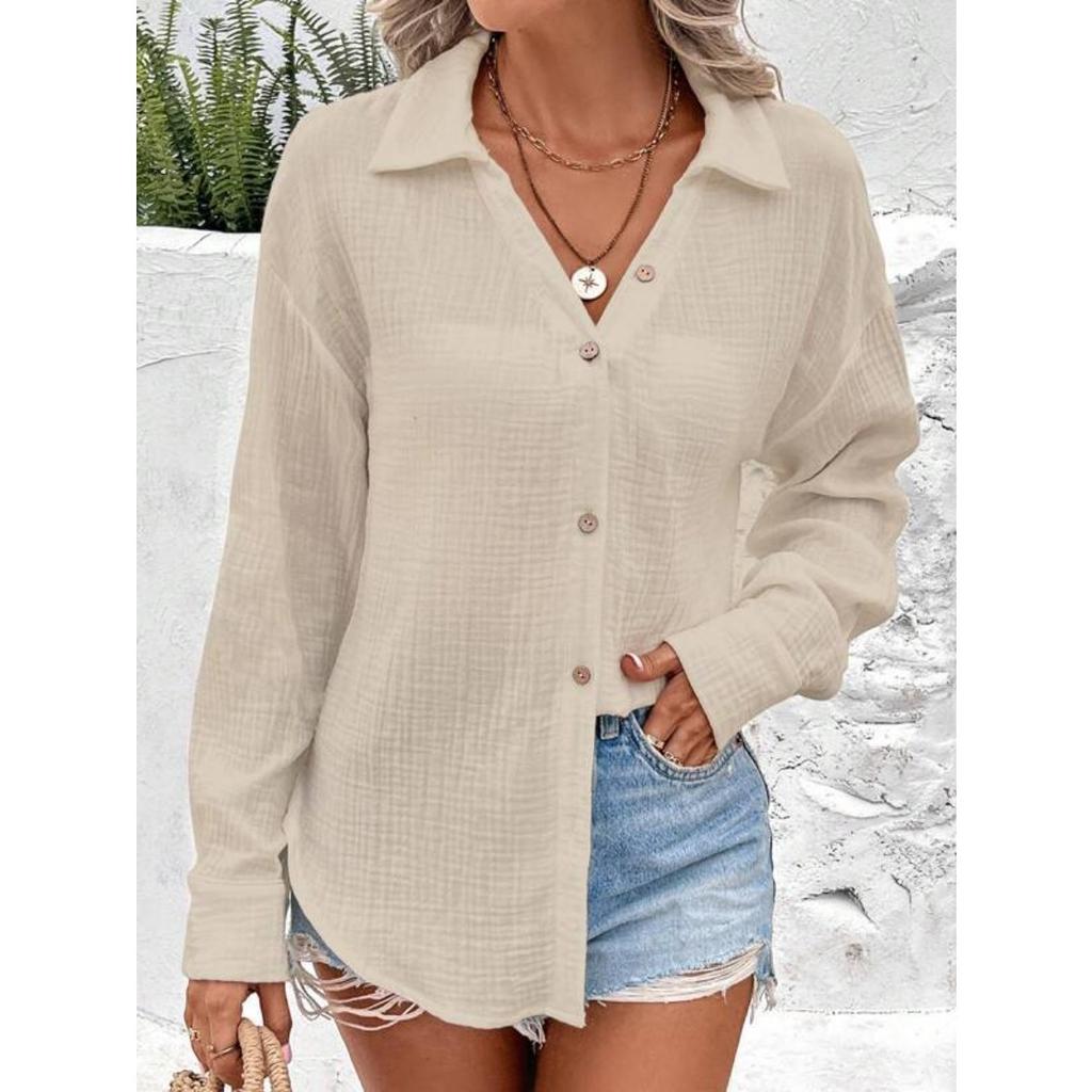 Women's Collared Long Sleeve Cotton Gauze Regular Fit Casual Button Down Shirt Blouse