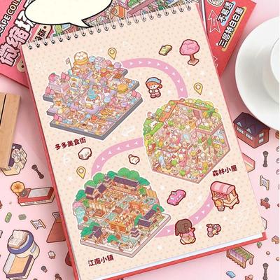 Kawaii PET Miniature Scene Collection Visual Stacking Cartoon 3D Pocket Cabin Scene Stickers DIY 3D Landscape Sticker Book Kids
