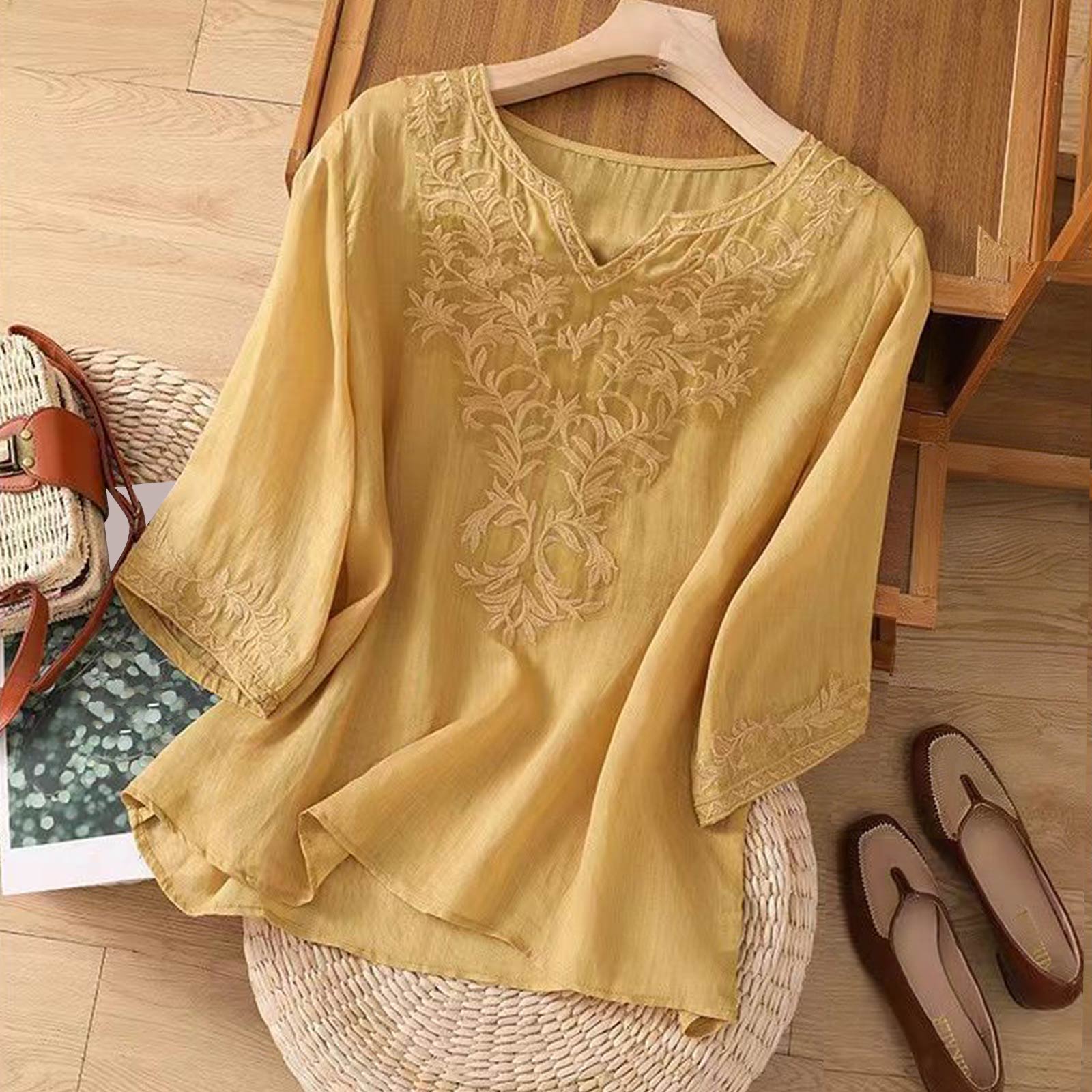 Women s Vintage Inspired Loose Fit Embroidered Mid Length Sleeve Cotton Linen Blend Top XXXL жёлтый