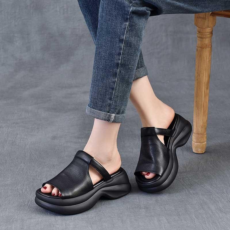 Johnature Genuine Leather Retro Thick Soled Peep Toe Outdoor Slippers Versatile Women's Slip-on Shoes