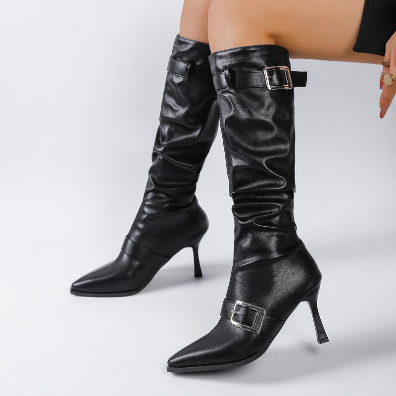 Fashion Fashion Metal Buckle Decoration Long Boots for Women Solid Pointed Toe Autumn Knee High Boots Sexy Super High Heel Party Shoes
