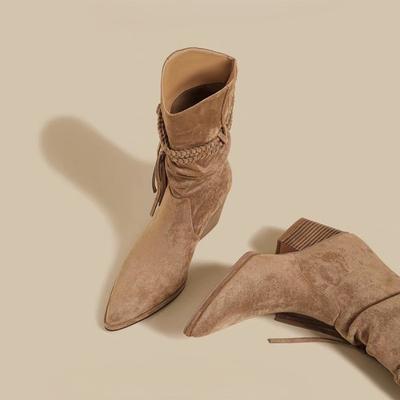 Damen High Heels Stiefel Spitzschuh Schuhe mit Absatz 2025 Winter Designer Neue Klobige Chelsea Boots Wildlederschuhe Mujer Botas