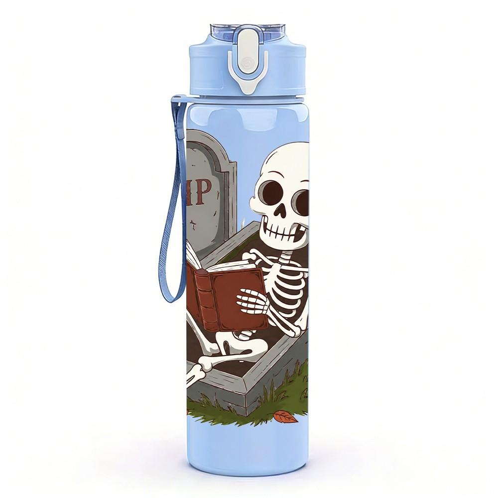 1PC Skeleton Tombstone Halloween Pattern 750ml Color Plastic Sports Water Bottle Leakproof Flip Straw Lid Suitable for Sports Office Home Use