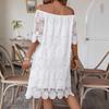 Women Summer Casual Flat Shoulder White Hollow Embrioderied Lace One Piece Dress
