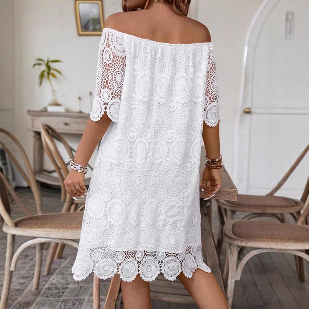 Women Summer Casual Flat Shoulder White Hollow Embrioderied Lace One Piece Dress