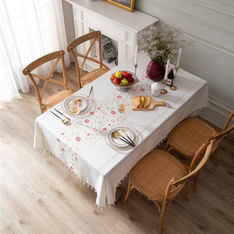 Polyester Hemp Amazon Embroidery Pastoral Small Flowers Fringed Tablecloth Rectangular Coffee Table Tablecloth Table Cloth