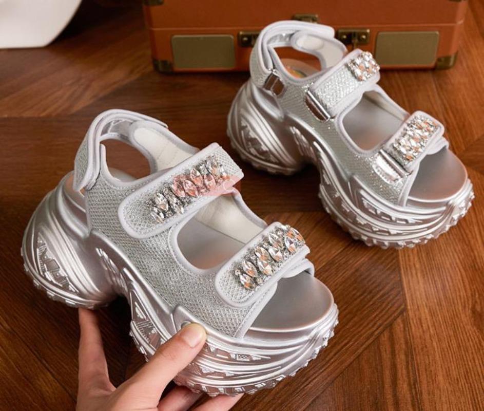 Fashion 8cm Air Mesh Microfiber Leather Platform Wedge Flats Summer Embed Crystal Peep Toe Fashion Women Sandal Slippers Pumps Shoes