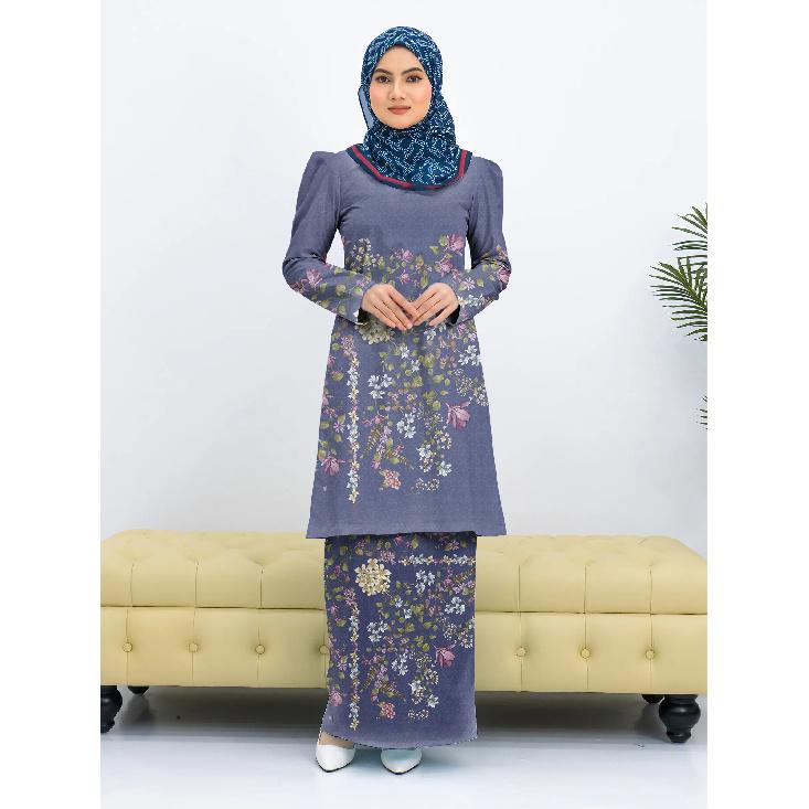 Summer new army green floral print pattern Kurung Pahang women Muslim suit comfortable and elegant women Eid wear women two piece suit