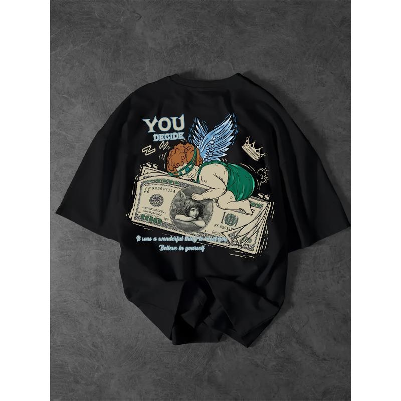 

Men s Money Angel Print T-Shirt - Streetwear Summer Short Sleeve with Money Motif, Breathable -Spandex, Round Neck Casual Top 4XL