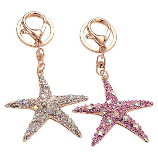 Keychain Sparkling Rhinestones Inlaid Starfish Design Keychain Pendant Enamel Oil Drip Process Smooth Edges Spring Buckle Key Holder Backpacks