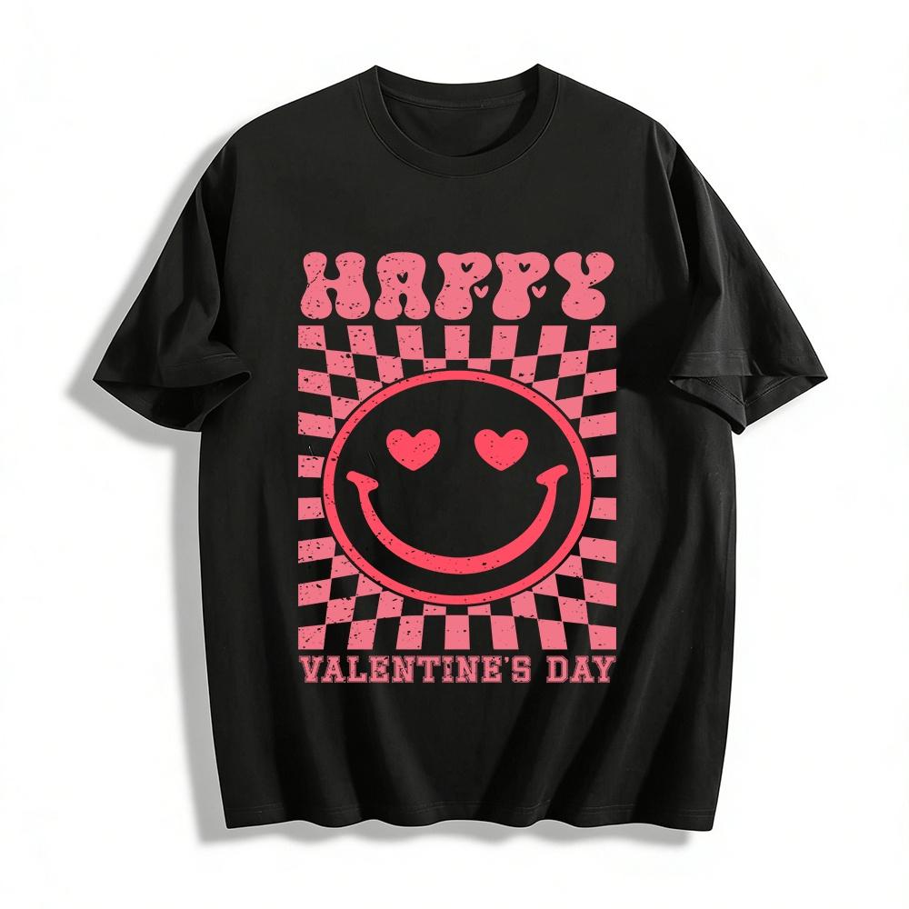 

Happy Valentines Day Heart Eyes Smile Checkered Graphic Top Pure cotton T-shirt XXS