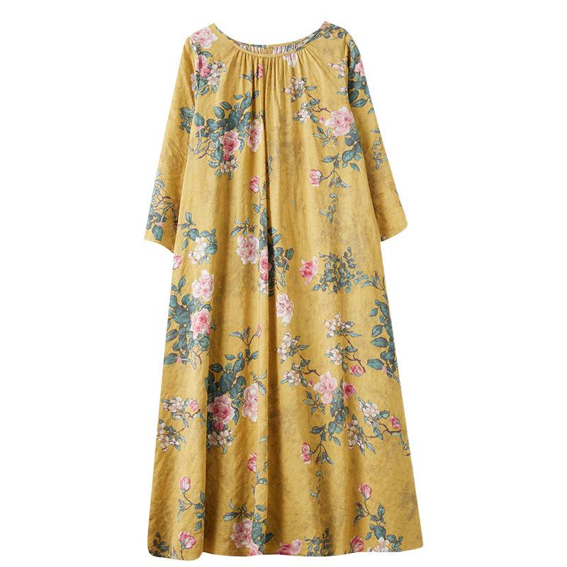 Vestido Casual Solto Estampado de Outono Tamanho Plus Size Gola Redonda Manga Comprida para Mulheres Vestidos