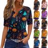 Womens Casual Halloween Print V Neck Short Sleeve Button Front T Shirt Top Lightweight Soft Fabric