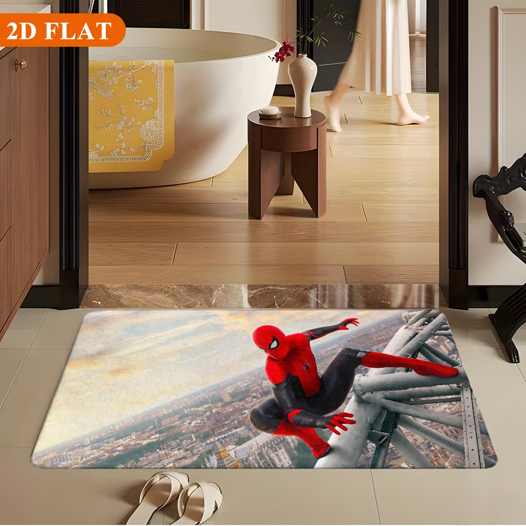Bath Mat 1pc, Spider for Man City High Action, MARVEL Flannel Rectangular Mat, Bathroom Non-slip Entrance Mat, Fun Door Decora