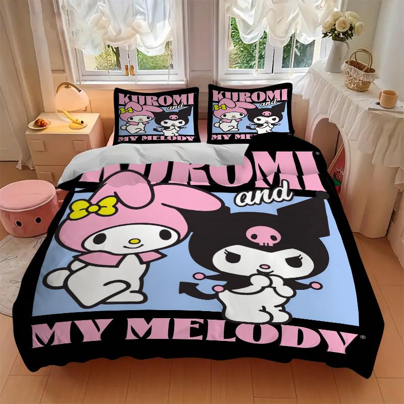 3pcs Kuromi and My Melody Sanrio Pattern Bedding Set, 1* Cover + 2*Pillowcases, Printed Bedding Set, Soft and Comfortable.W051