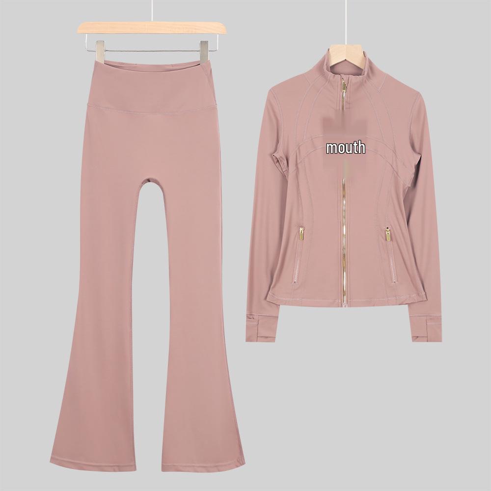 In Stock: Women's Gold Jacket & Flare Pants - High Stretch, Slimming Sports Yoga Set