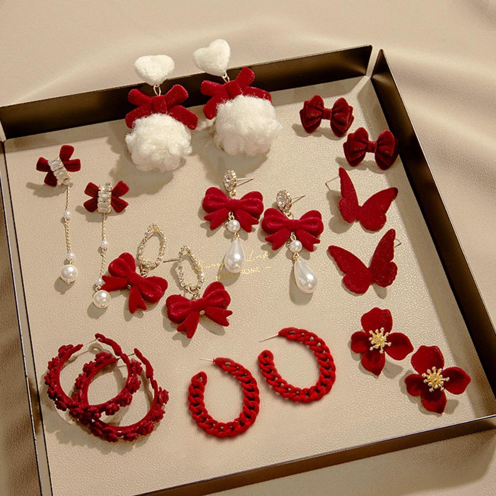 Red Long Tassel Chain Flocking Earrings NEW Bow Dangle Earrings  New Year Gift