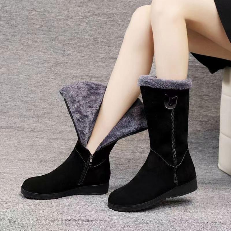 Versatile Snow Boots, Women's Shoes, Fleece Thickened Mid-calf Boots, Wedge Heels, Anti-slip and Warm Cotton Boots