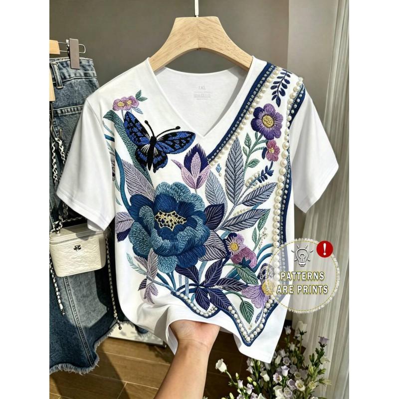 Womens V-Neck Short Sleeve Loose Fit T-Shirt With Floral Lake Scene Cartoon Bun Girl Print 2025 Casual Top