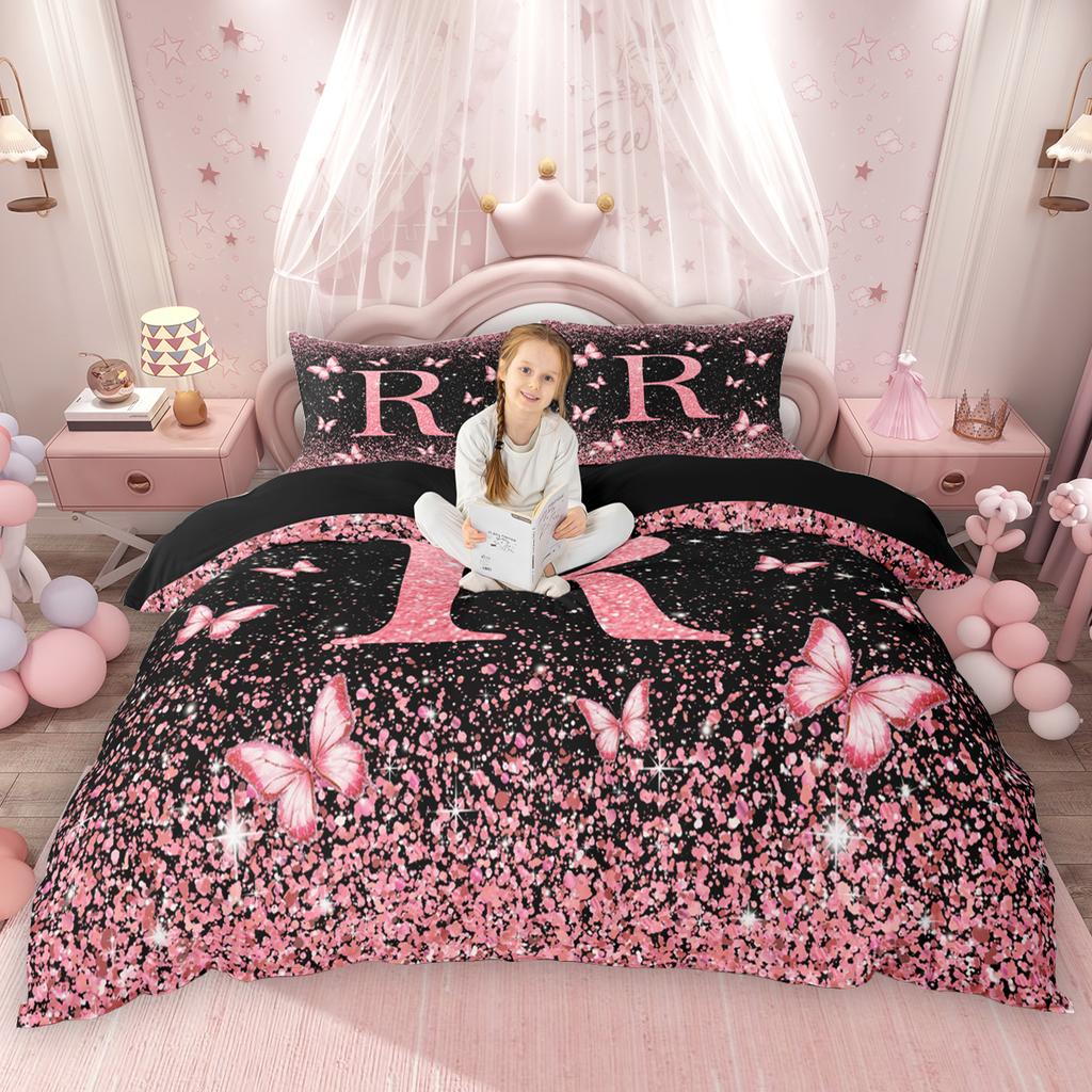 Homewish Initial Monogrammed Duvet Cover Set Black Pink Comforter Cover Set For Girls Butterfly Glitter Print Bed Set