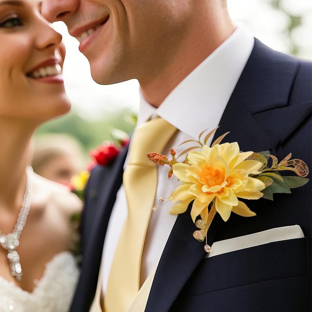 8PCS Yellow Artificial Wedding Flowers Set Bridal Bouquet Boutonnieres Corsage for Wedding Ceremony Anniversary Prom Decor