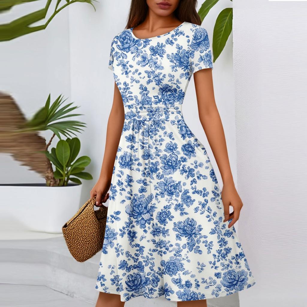 Women's Casual Fashion Round Neck Pleated Short Sleeve Floral Print A-Line Midi Dress