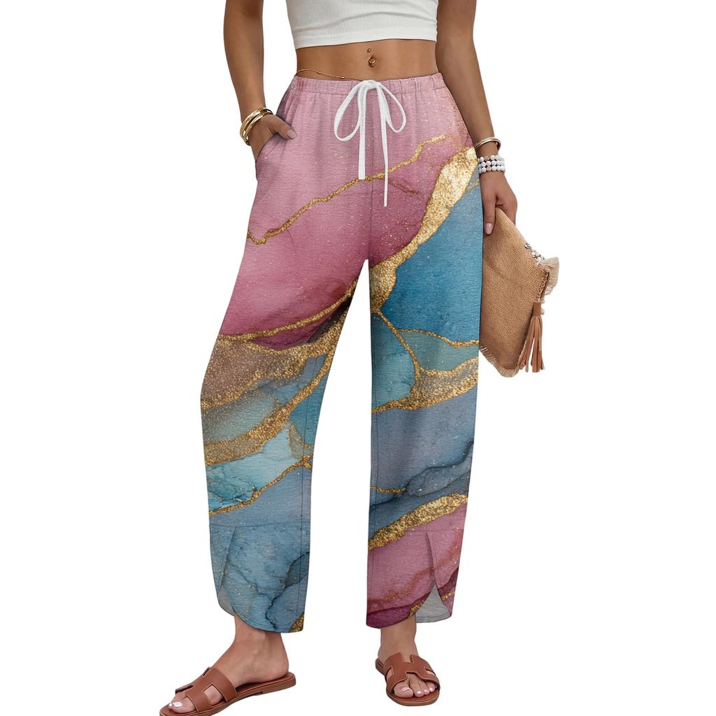 Women Casual Wide Leg Pants Marble Print Loose Fit Drawstring Waist Straight Leg Trousers Comfortable Lightweight Fabric