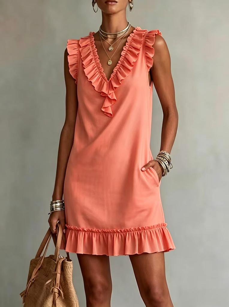 Hot-selling European and American style fungus edge V-neck sleeveless short skirt lotus leaf hem casual dress women's summer