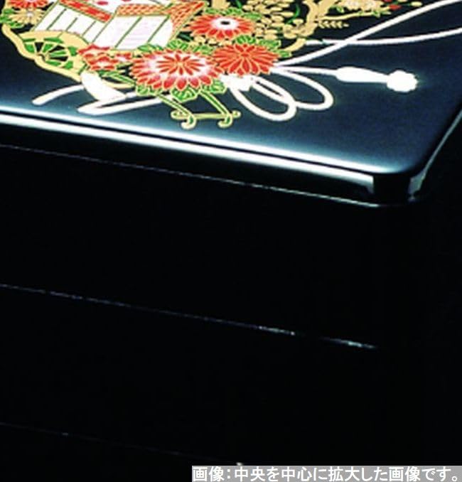 J-kitchens 3-Tiered Jubako Box, 6.5 inches, Black Flower Goshoguruma Design, 19.6cm x 19.6cm x 17.5cm, Made in Japan